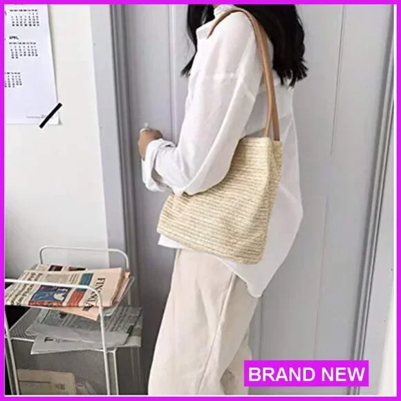 Straw Woven Tote Shoulder Bag Bucket Purse Summer Casual Boho Lightweight - Picture 3 of 7